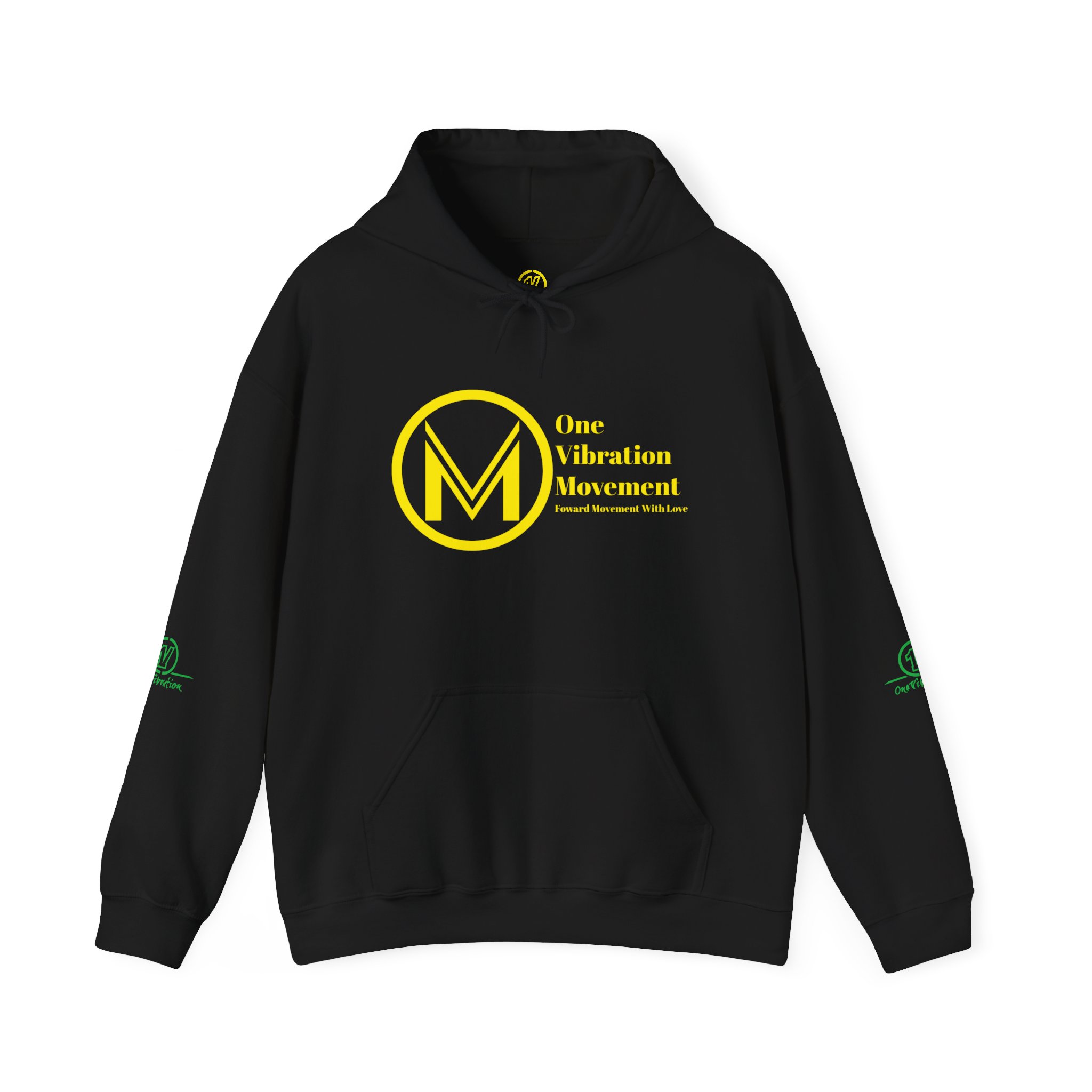 one vibration movement logo hoodie — black pullover with yellow & green branding one vibration movement logo hoodie — black pullover with yellow & green branding