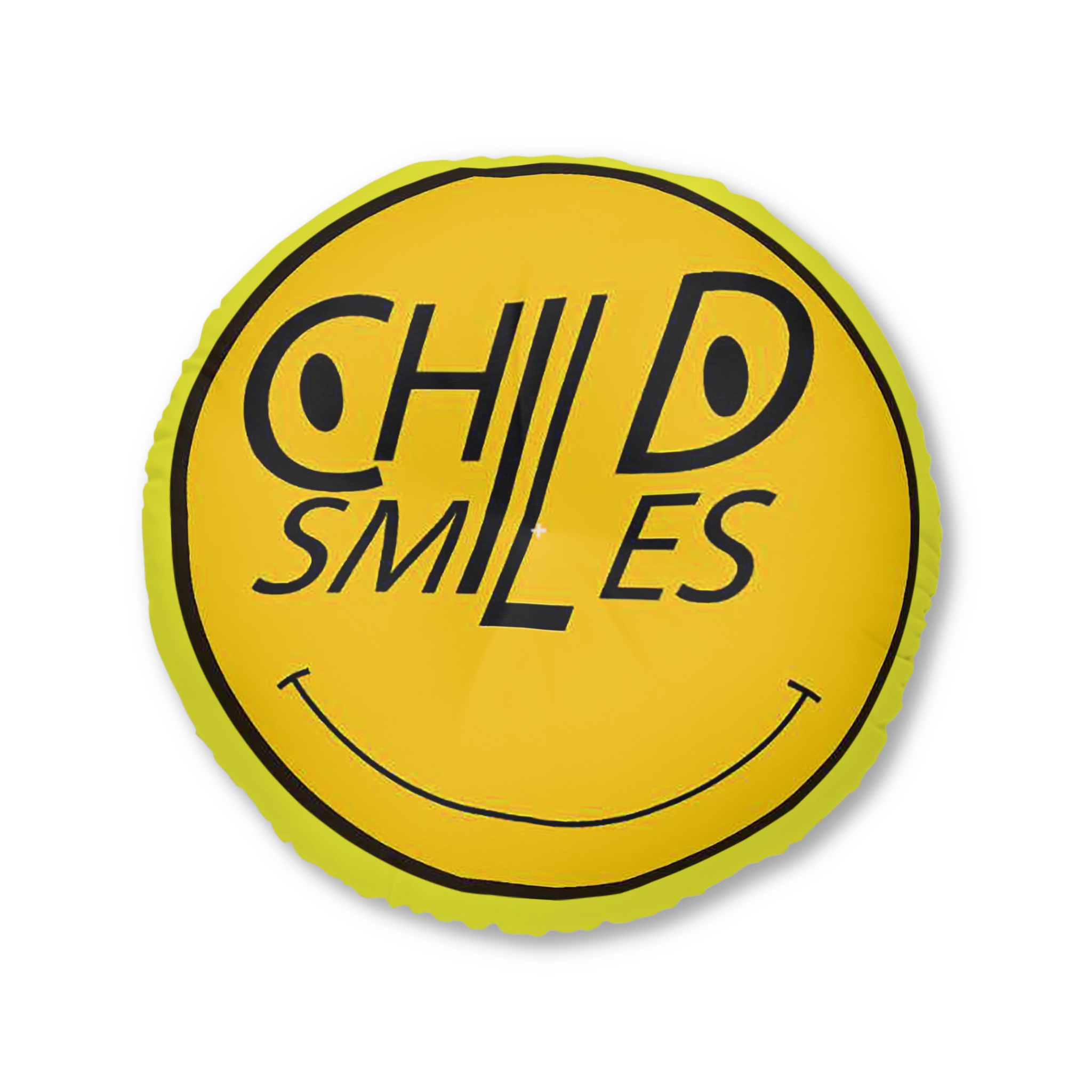 round tufted floor pillow — "child smiles" yellow graphic accent cushion round tufted floor pillow — "child smiles" yellow graphic accent cushion