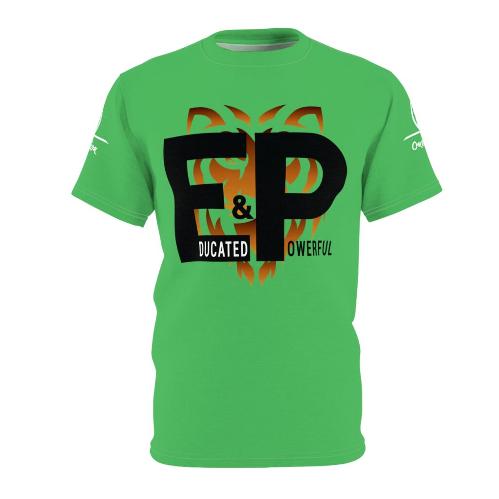 e&p educated & powerful graphic tee — bold flaming logo all over print
