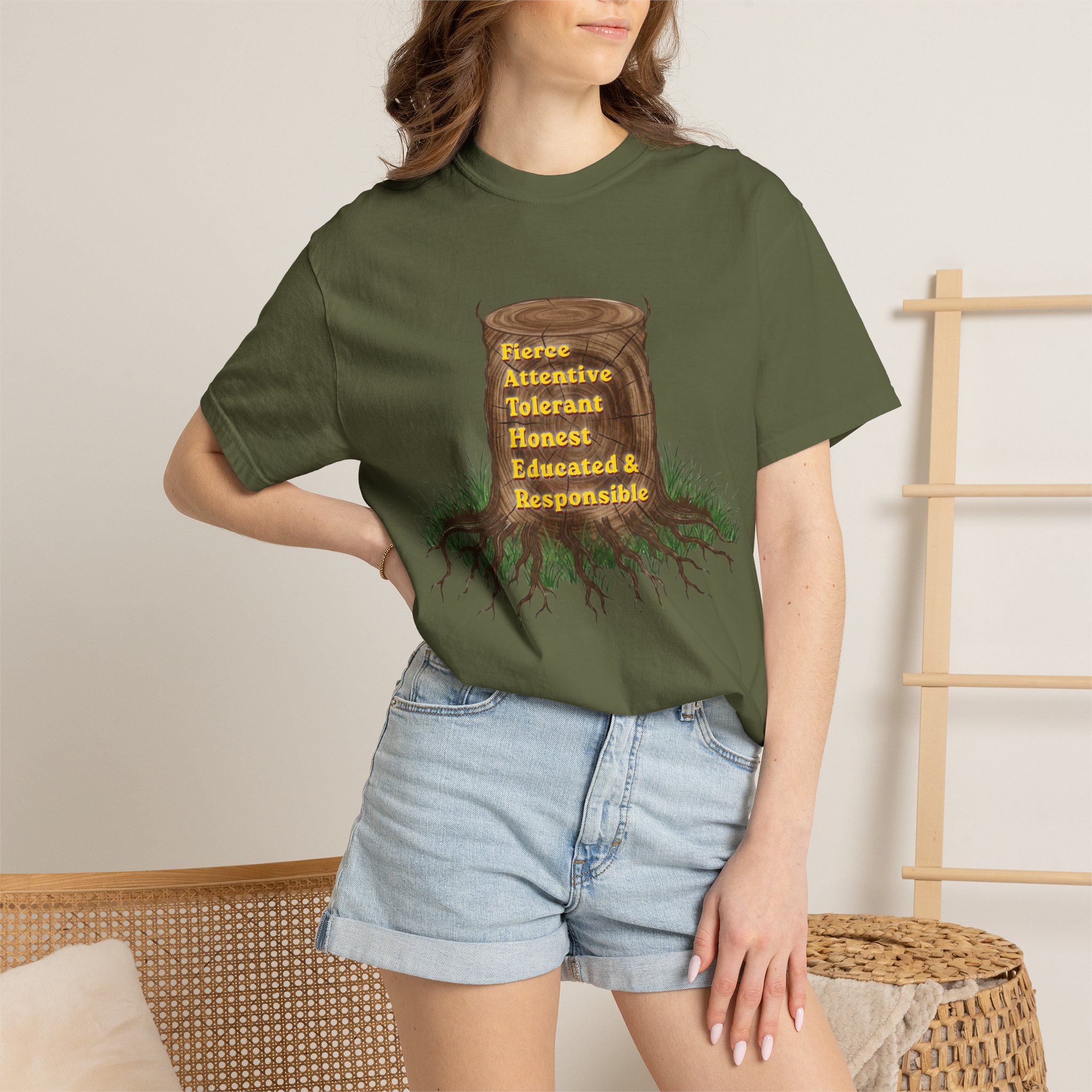 tree stump traits t shirt — fierce, attentive, tolerant, honest, educated & responsible tree stump traits t shirt — fierce, attentive, tolerant, honest, educated & responsible
