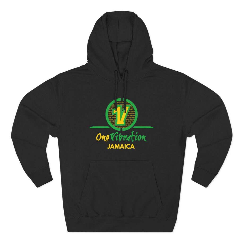 jamaica onevibration logo hoodie — reggae inspired black fleece pullover