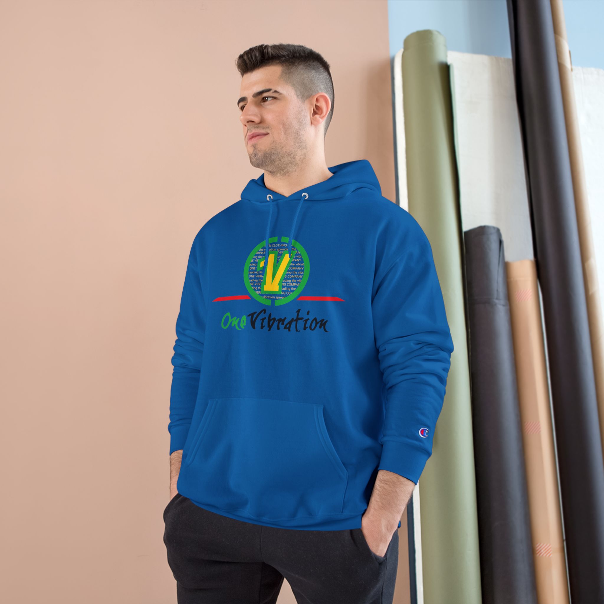 champion hoodie — "one vibration guyana" logo pullover champion hoodie — "one vibration guyana" logo pullover