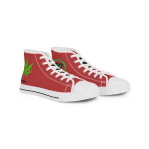 high top sneakers — red skate style shoes with green leaf logo