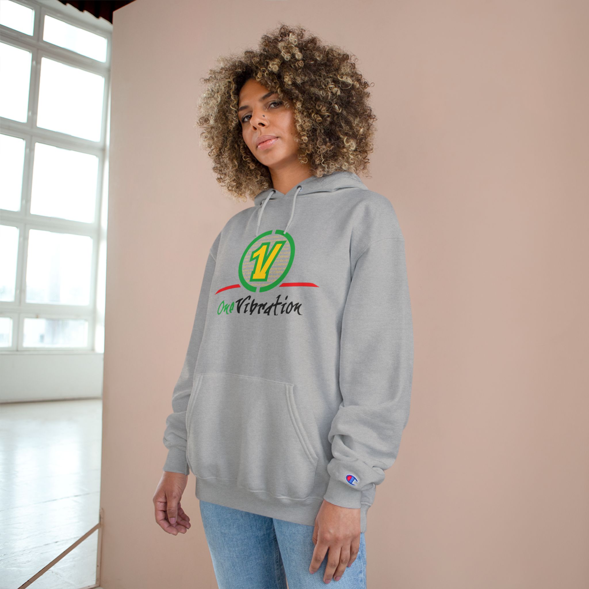 champion hoodie — "one vibration guyana" logo pullover champion hoodie — "one vibration guyana" logo pullover