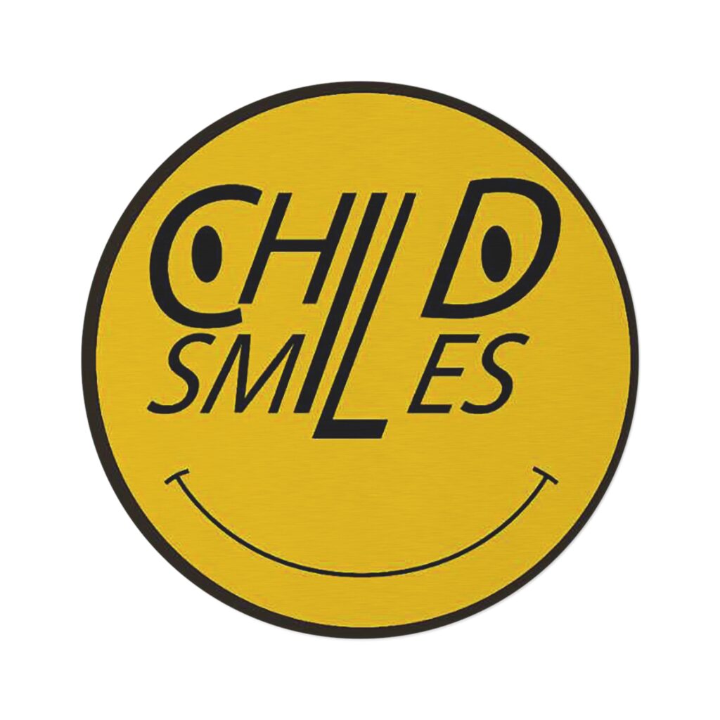 round rug — "child smiles" yellow smiley logo kids playroom mat