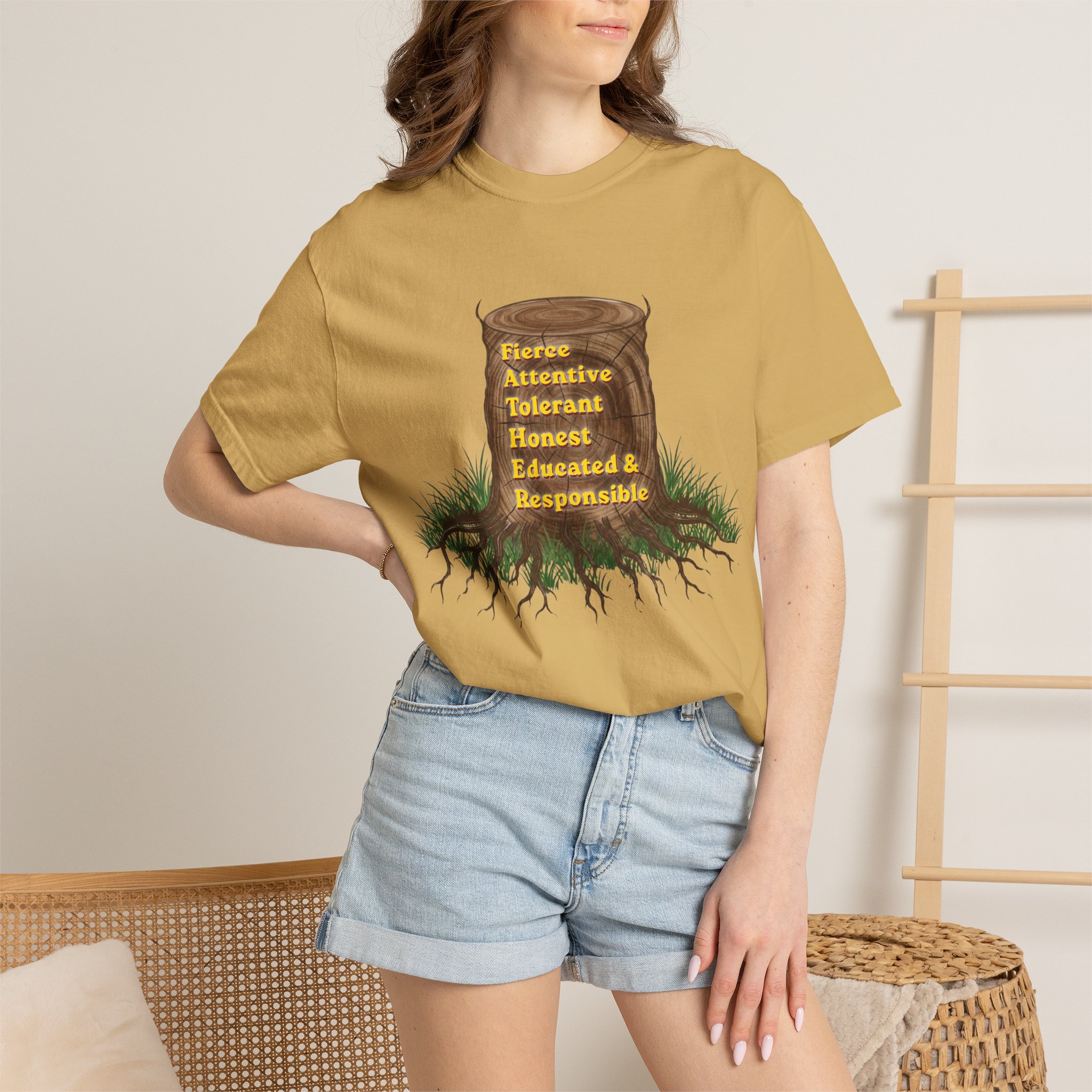 tree stump traits t shirt — fierce, attentive, tolerant, honest, educated & responsible tree stump traits t shirt — fierce, attentive, tolerant, honest, educated & responsible