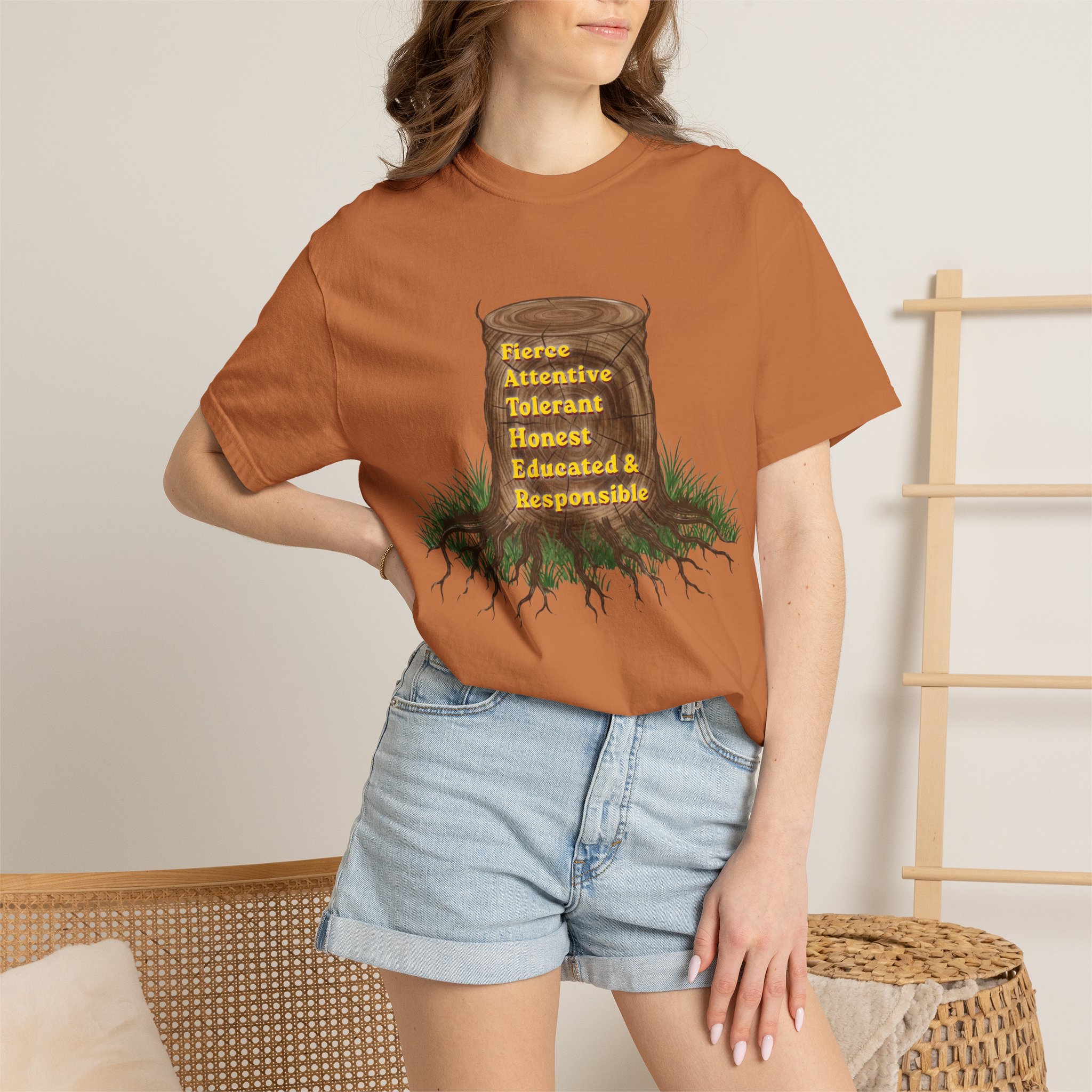 tree stump traits t shirt — fierce, attentive, tolerant, honest, educated & responsible tree stump traits t shirt — fierce, attentive, tolerant, honest, educated & responsible