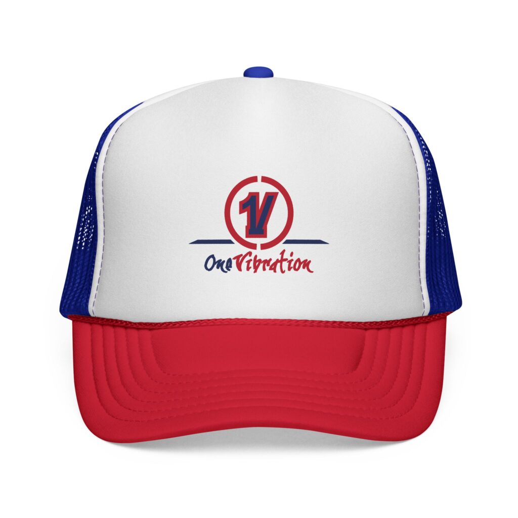 trucker cap — one vibration retro logo mesh snapback (red/white/blue)