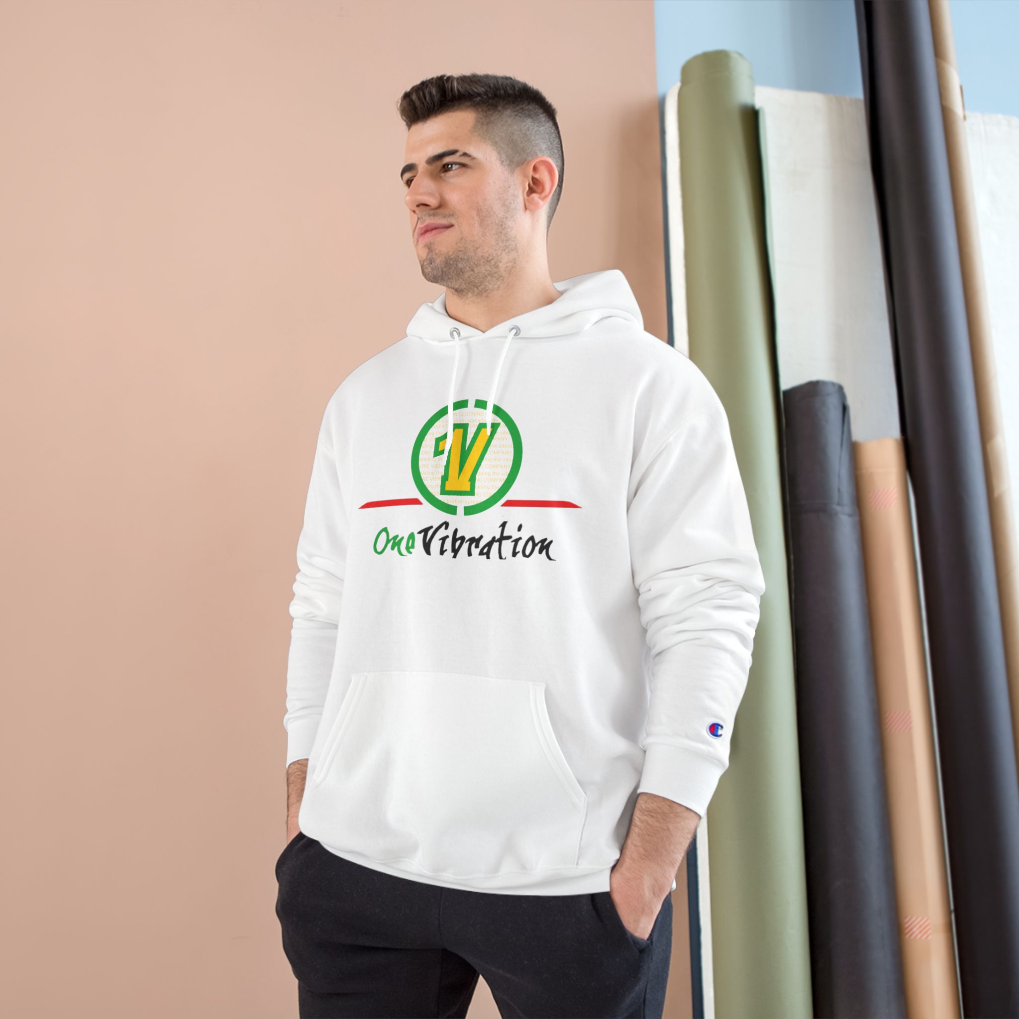 champion hoodie — "one vibration guyana" logo pullover champion hoodie — "one vibration guyana" logo pullover
