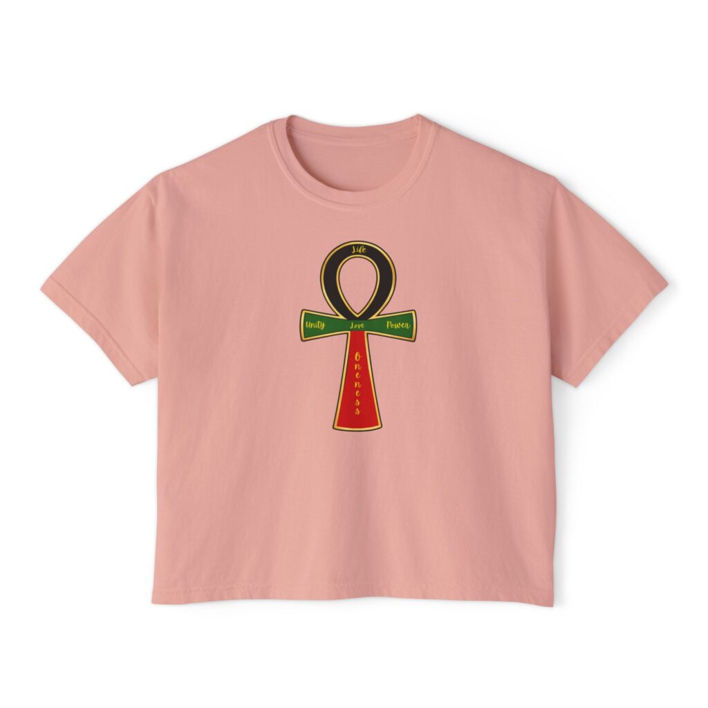 women's boxy tee — red, green & black ankh graphic crop shirt