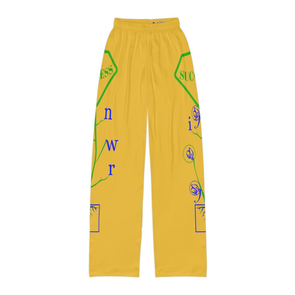 kids lounge pants — bright yellow 'success' graphic straight leg pajama bottoms