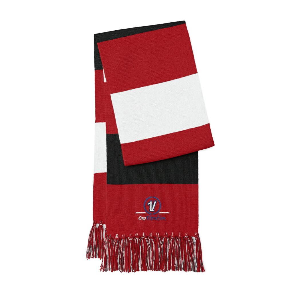 embroidered spectator scarf — red & white striped fan scarf with logo