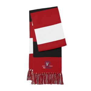 embroidered spectator scarf — red & white striped fan scarf with logo