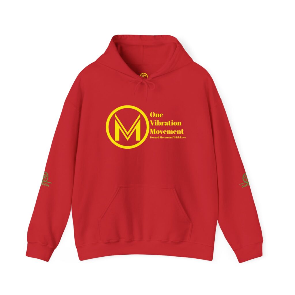 one vibration movement logo hoodie — black pullover with yellow & green branding
