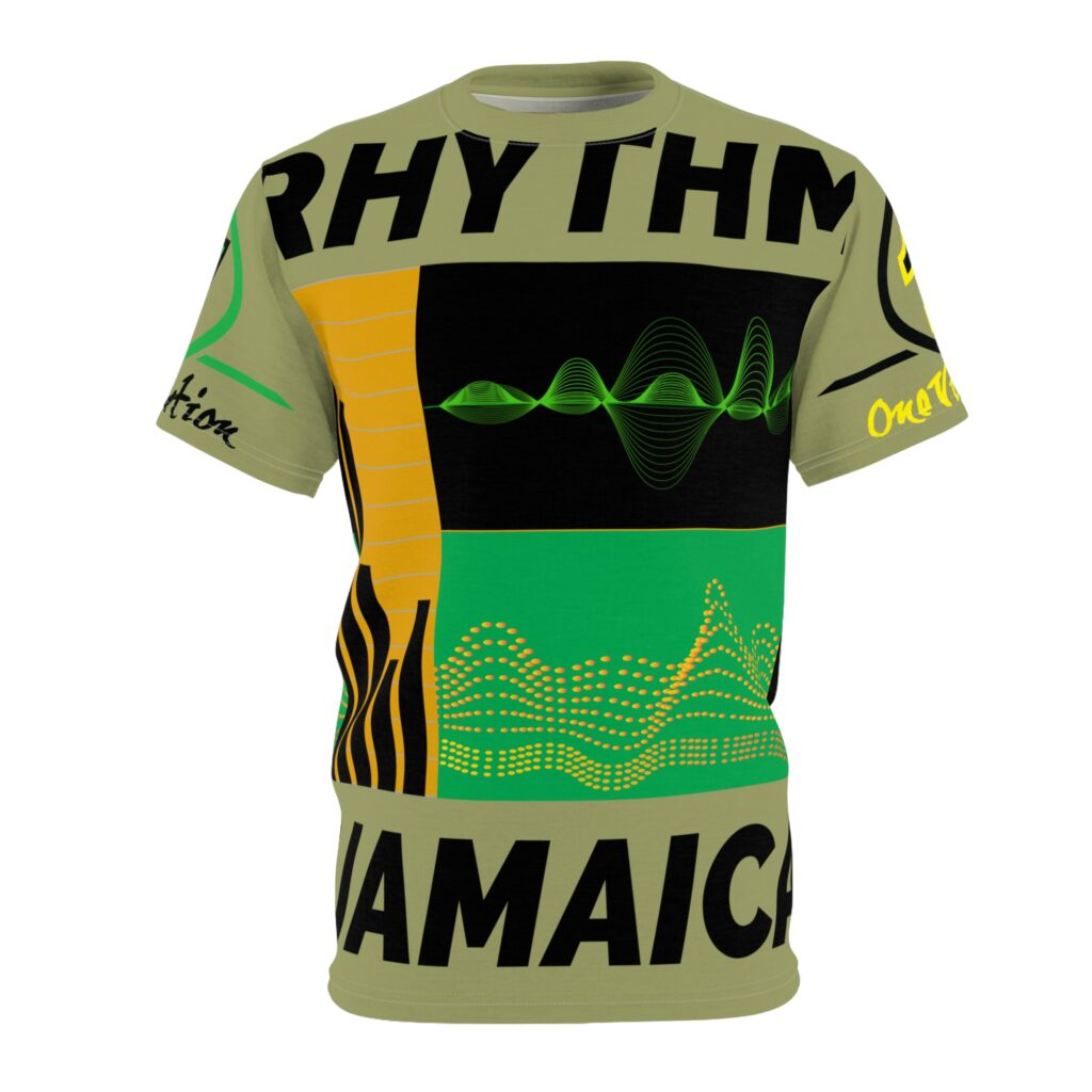 jamaica rhythm graphic tee — all over print music vibe shirt