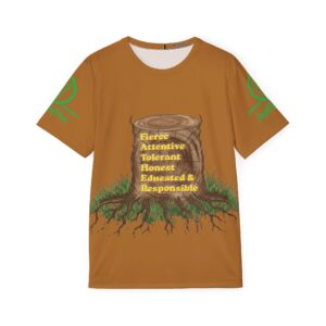 men's jersey — 'fierce, attentive, tolerant, honest, educated & responsible' tree stump graphic