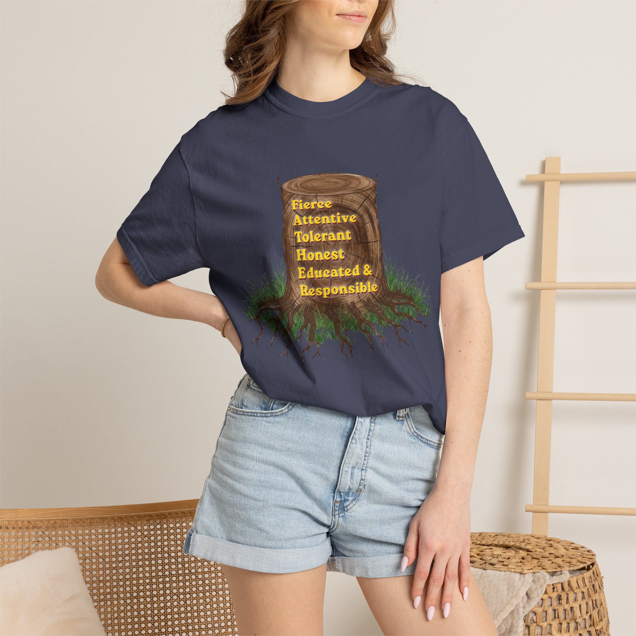 tree stump traits t shirt — fierce, attentive, tolerant, honest, educated & responsible tree stump traits t shirt — fierce, attentive, tolerant, honest, educated & responsible