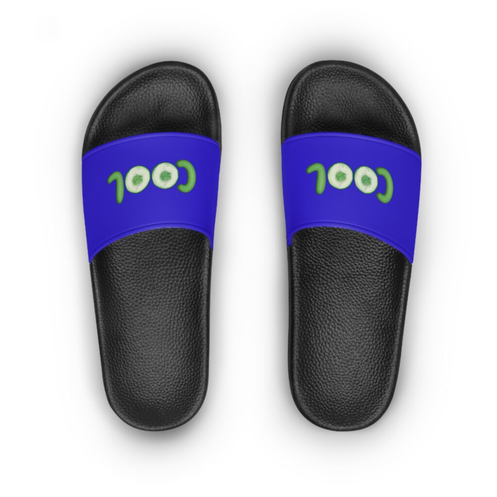 slide sandals — blue "cool" graphic pool slides for women