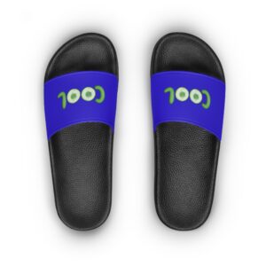 slide sandals — blue "cool" graphic pool slides for women