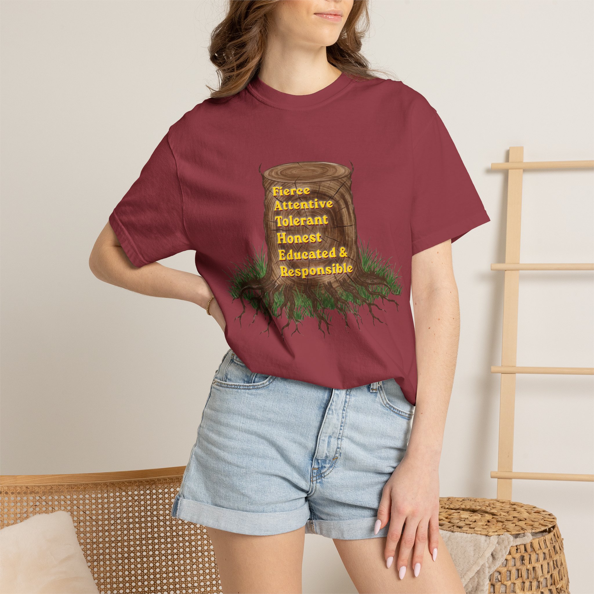 tree stump traits t shirt — fierce, attentive, tolerant, honest, educated & responsible tree stump traits t shirt — fierce, attentive, tolerant, honest, educated & responsible