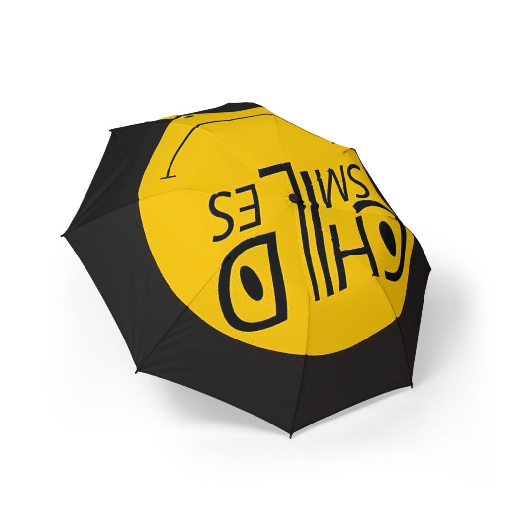 foldable umbrella – bold yellow 'child smiles' logo compact travel umbrella