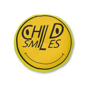 round tufted floor pillow — "child smiles" yellow graphic accent cushion