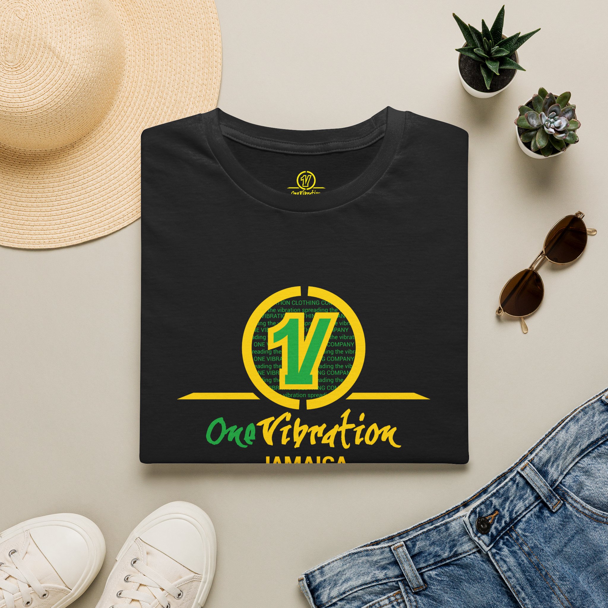 t shirt — one vibration jamaica logo tee (reggae/rasta colors) t shirt — one vibration jamaica logo tee (reggae/rasta colors)