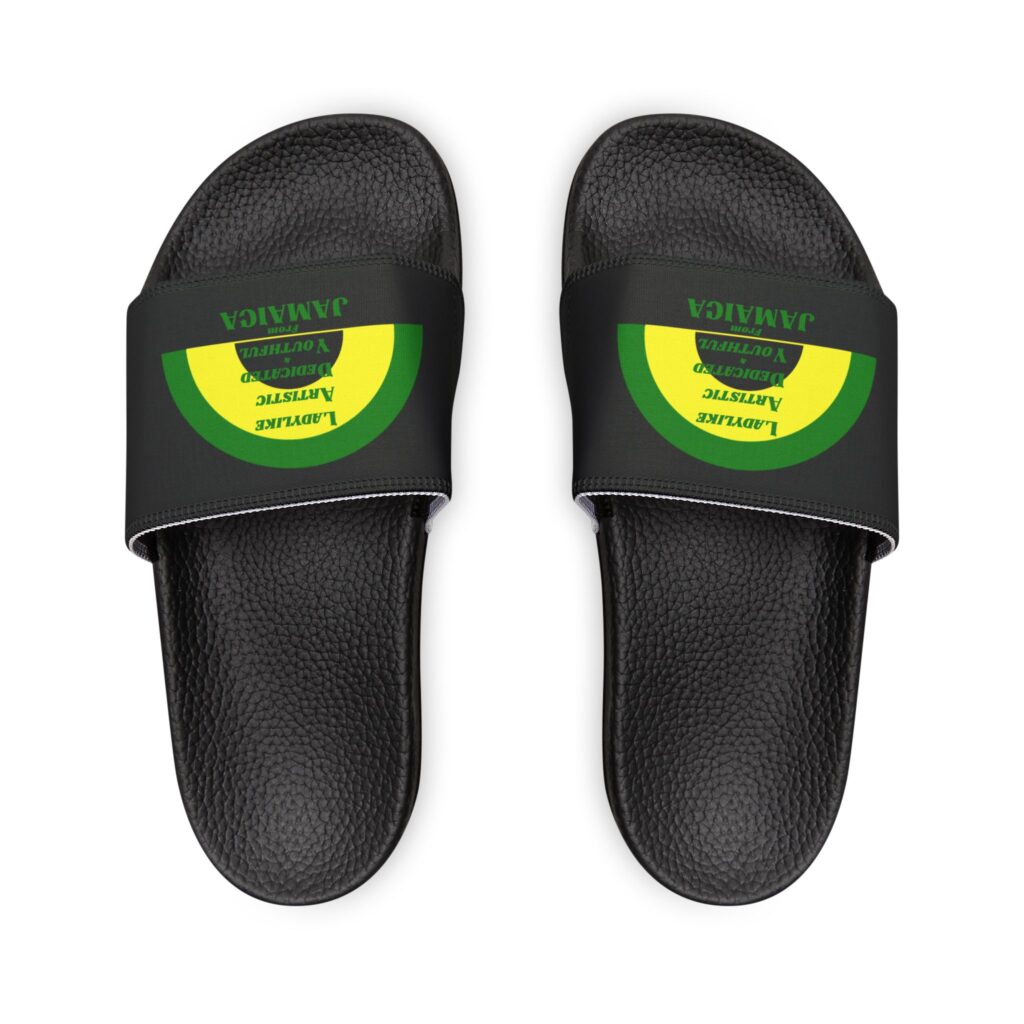 removable strap sandals — black slide sandals with green circular logo
