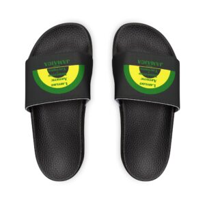 removable strap sandals — black slide sandals with green circular logo
