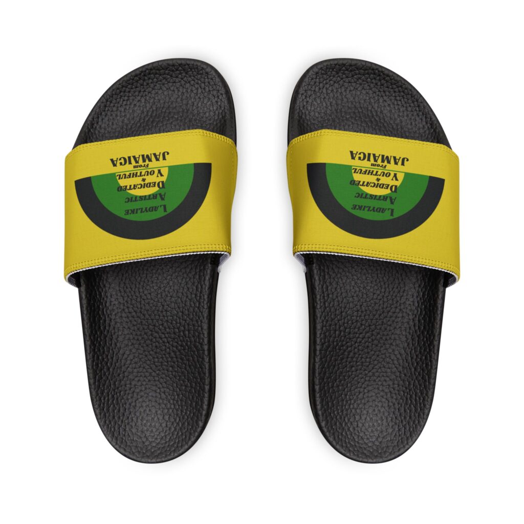 women's removable strap sandals — bold yellow jamaica graphic slides