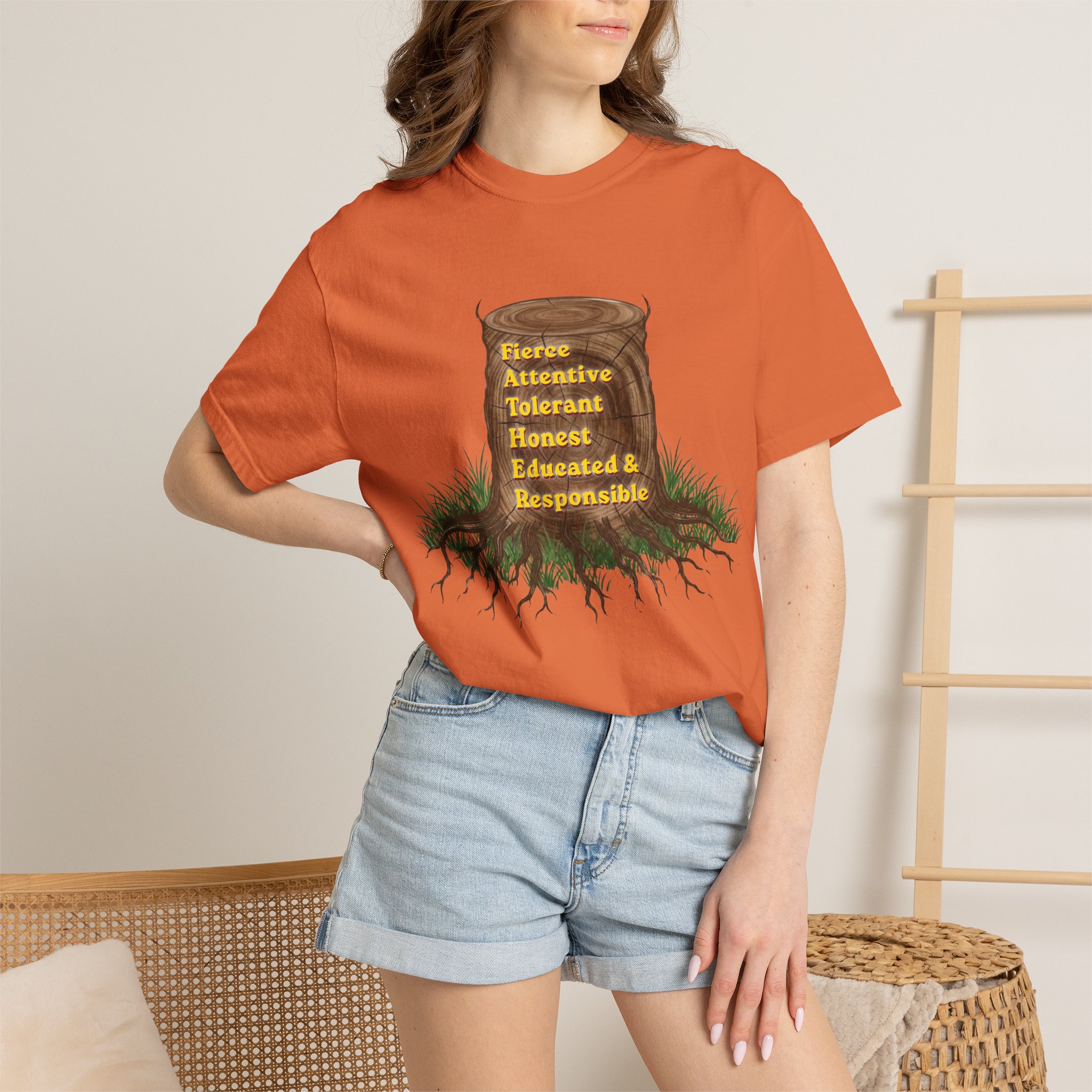 tree stump traits t shirt — fierce, attentive, tolerant, honest, educated & responsible tree stump traits t shirt — fierce, attentive, tolerant, honest, educated & responsible