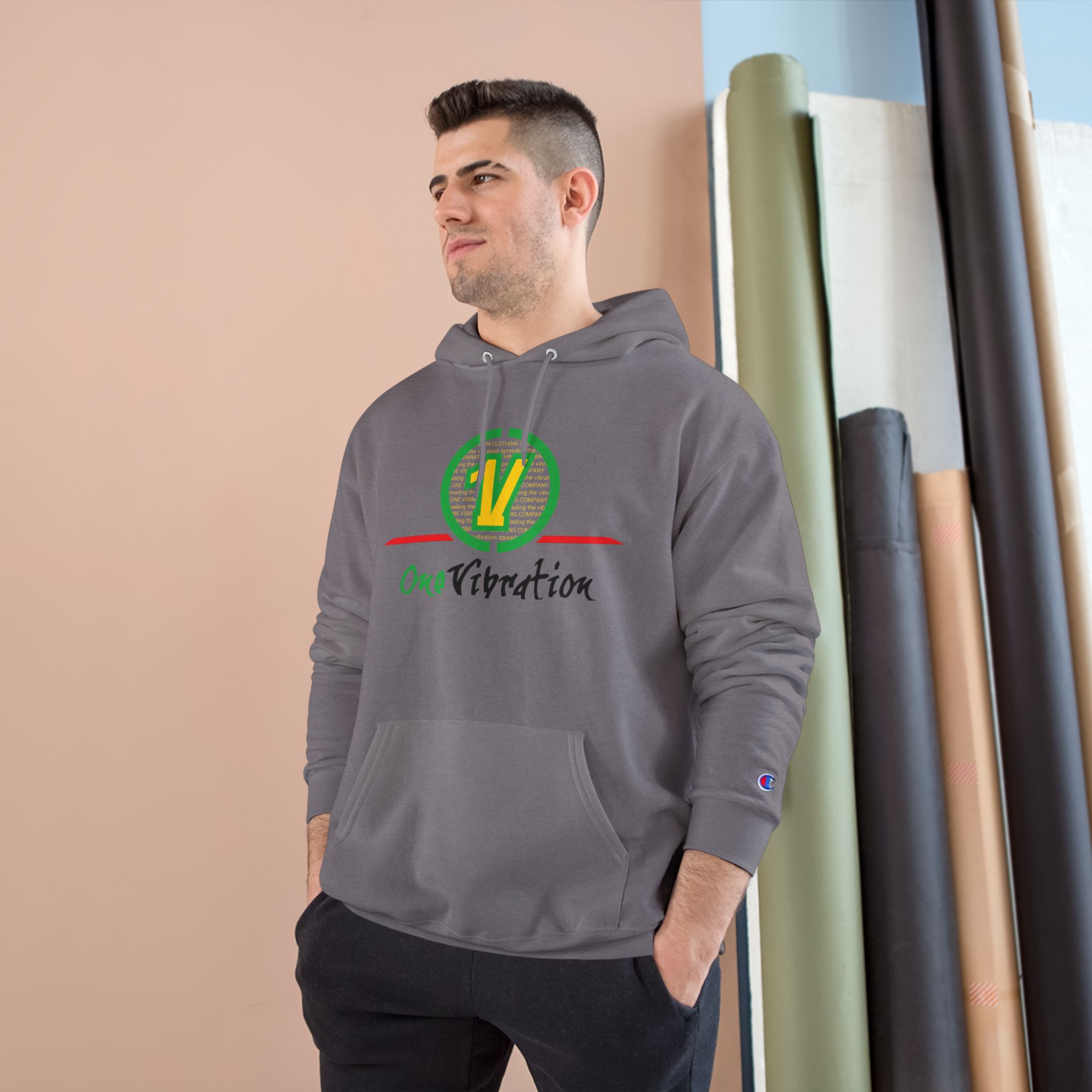 champion hoodie — "one vibration guyana" logo pullover champion hoodie — "one vibration guyana" logo pullover