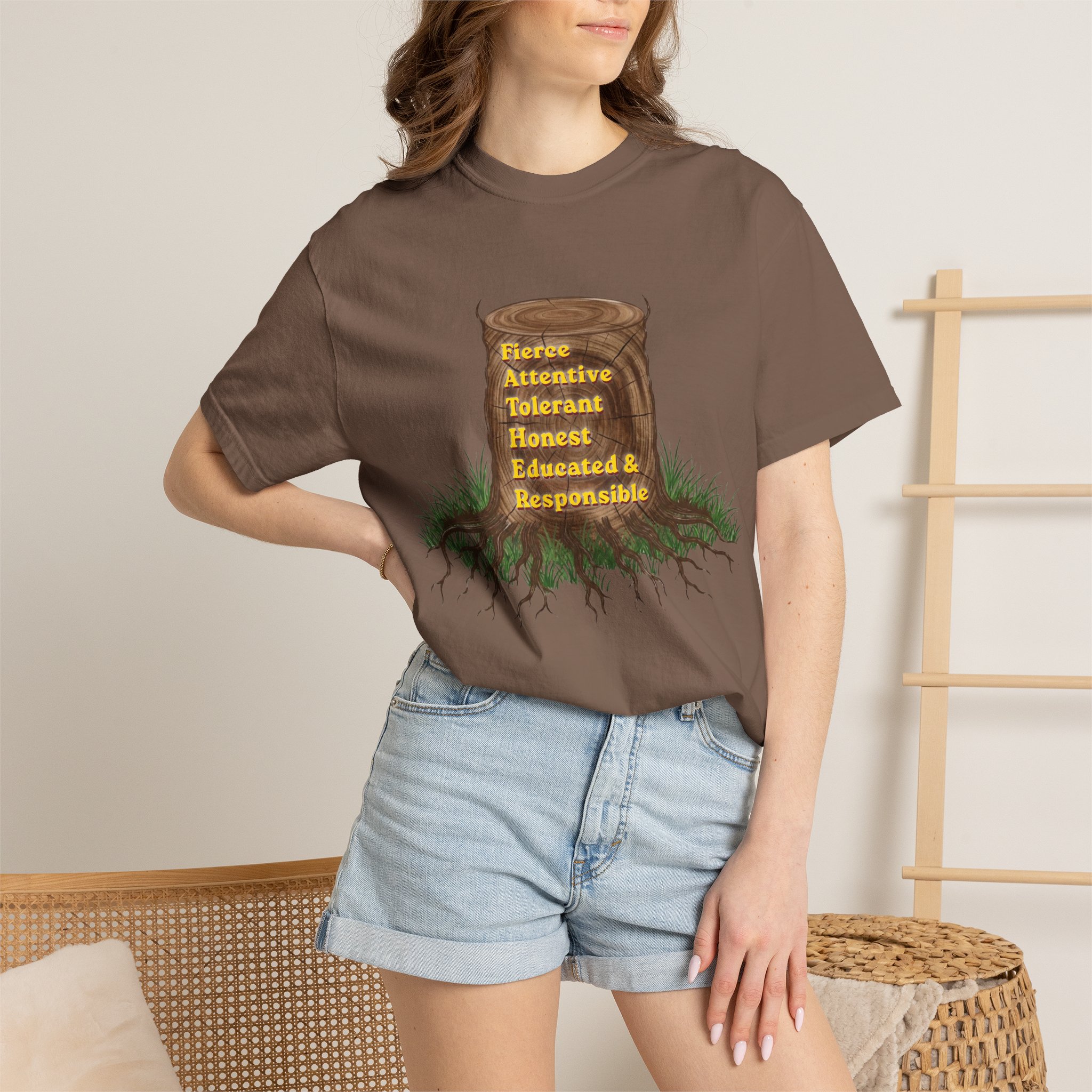 tree stump traits t shirt — fierce, attentive, tolerant, honest, educated & responsible tree stump traits t shirt — fierce, attentive, tolerant, honest, educated & responsible