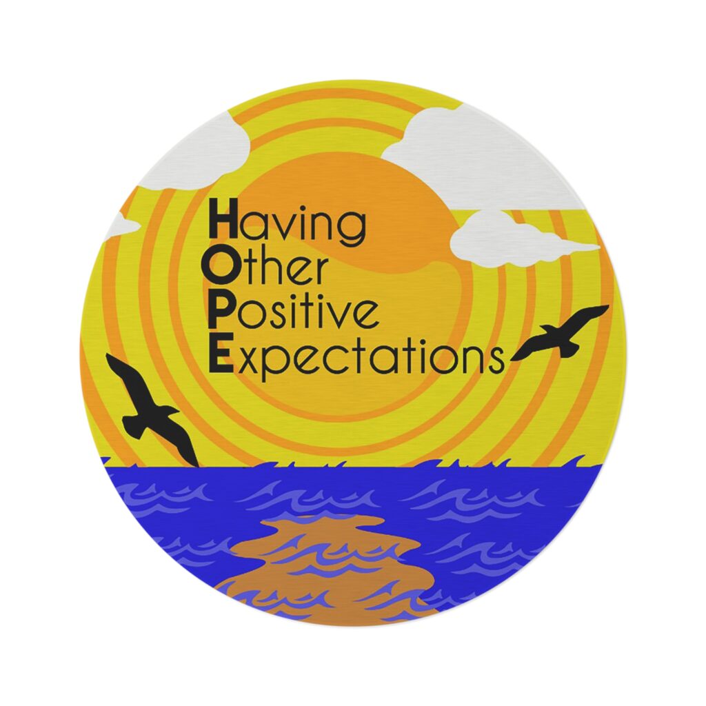 hope sunset round rug — "having other positive expectations" beach inspired accent mat