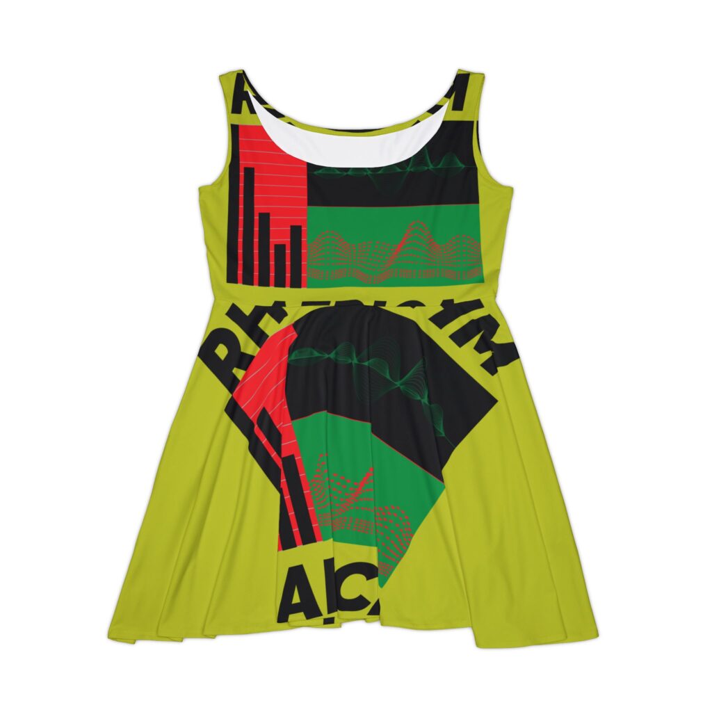 rhythm africa women's skater dress — green red graphic aop