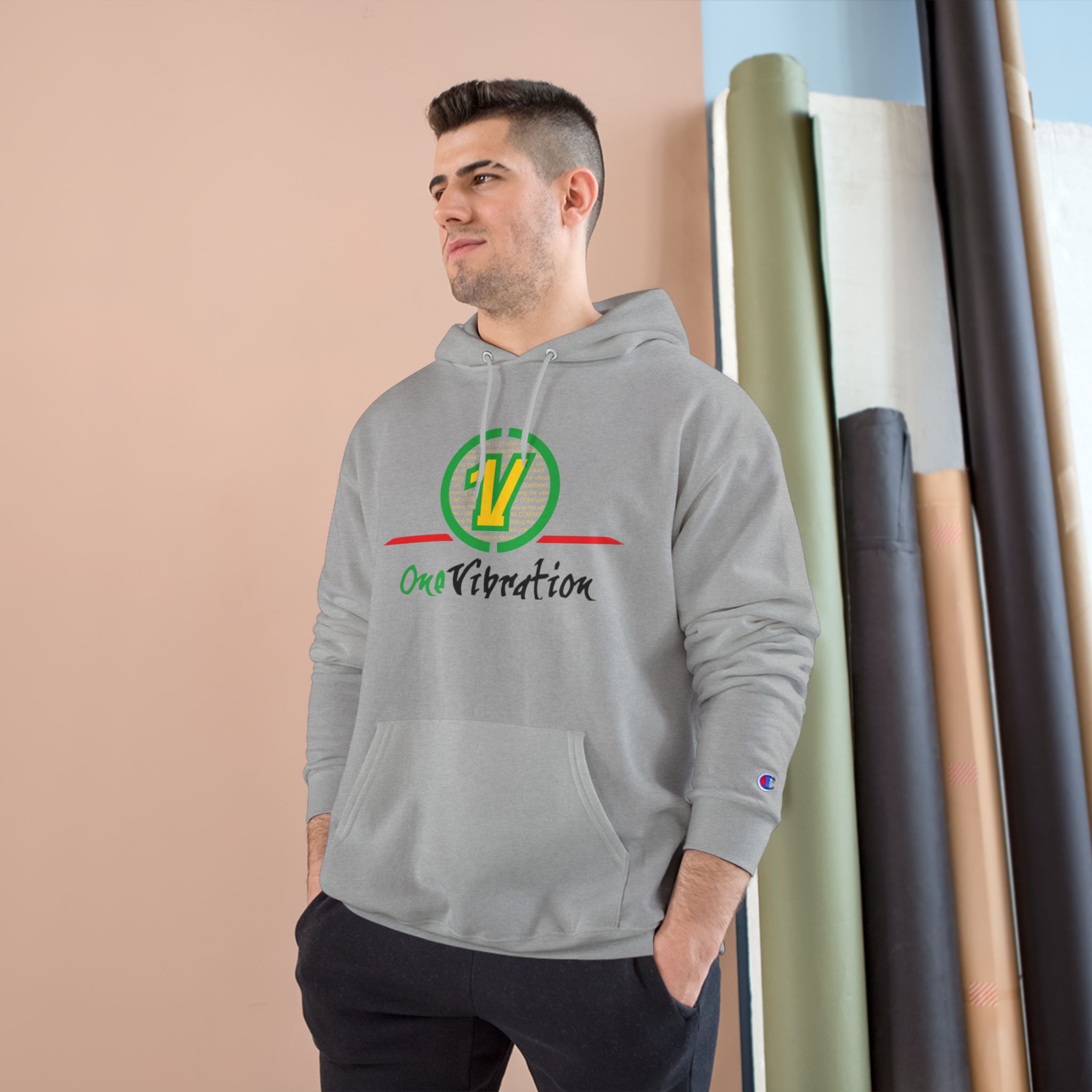 champion hoodie — "one vibration guyana" logo pullover champion hoodie — "one vibration guyana" logo pullover