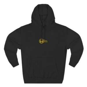minimalist black hoodie with small gold emblem — cozy fleece pullover