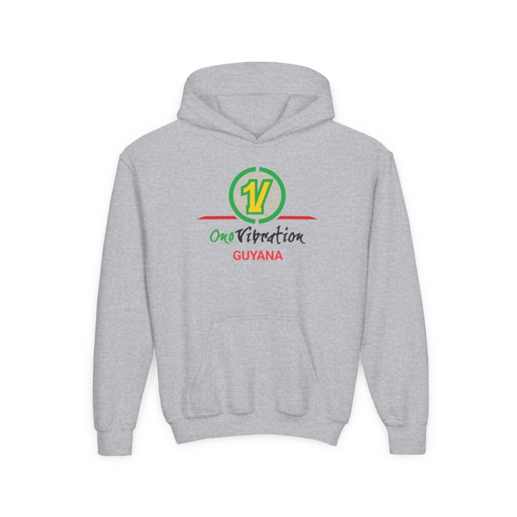 guyana one vibration youth hoodie — tropical green & yellow logo pullover