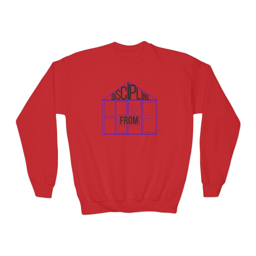 youth crewneck sweatshirt — “discipline from” house sketch graphic