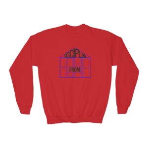 youth crewneck sweatshirt — “discipline from” house sketch graphic