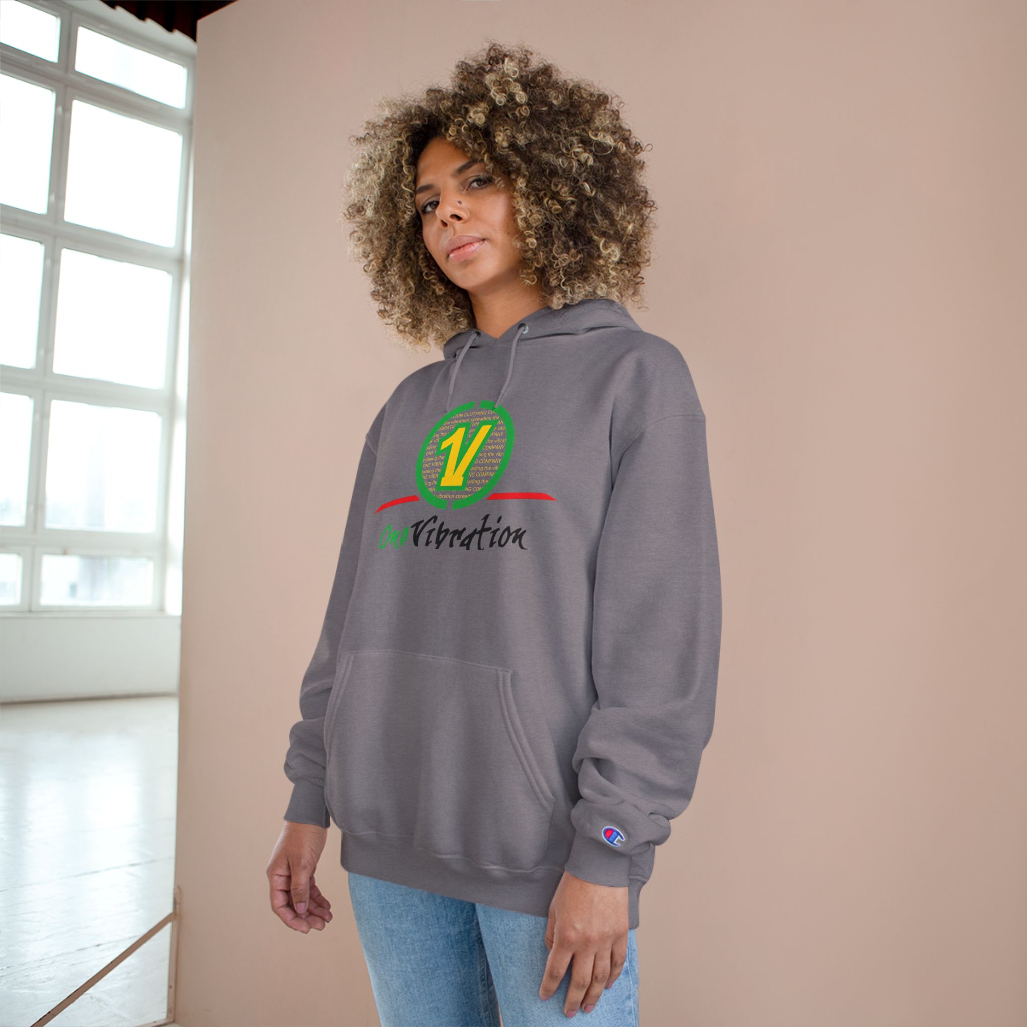 champion hoodie — "one vibration guyana" logo pullover champion hoodie — "one vibration guyana" logo pullover