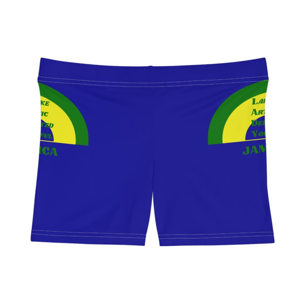 jamaica women's swim shorts blue with green yellow rainbow shaped graphic