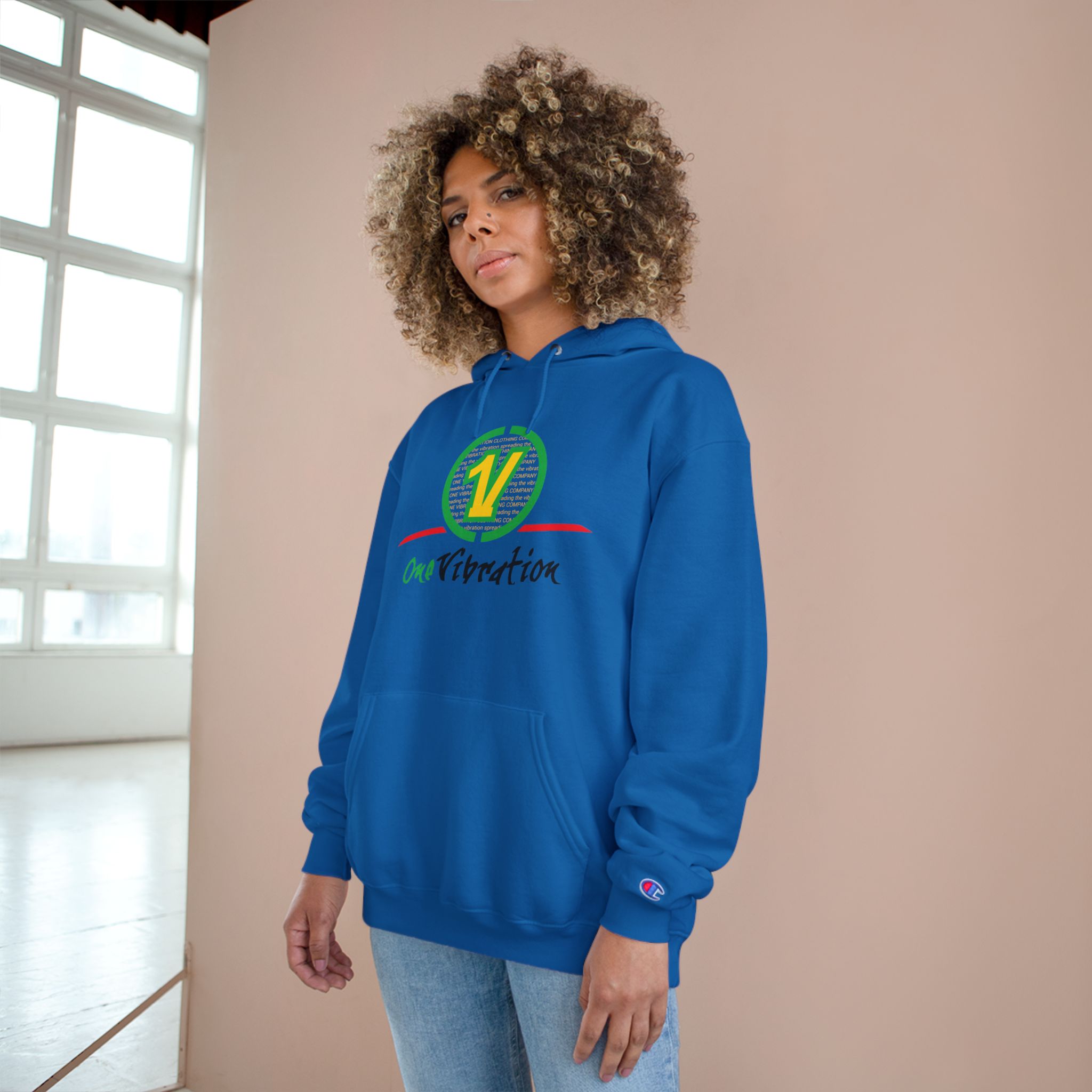 champion hoodie — "one vibration guyana" logo pullover champion hoodie — "one vibration guyana" logo pullover