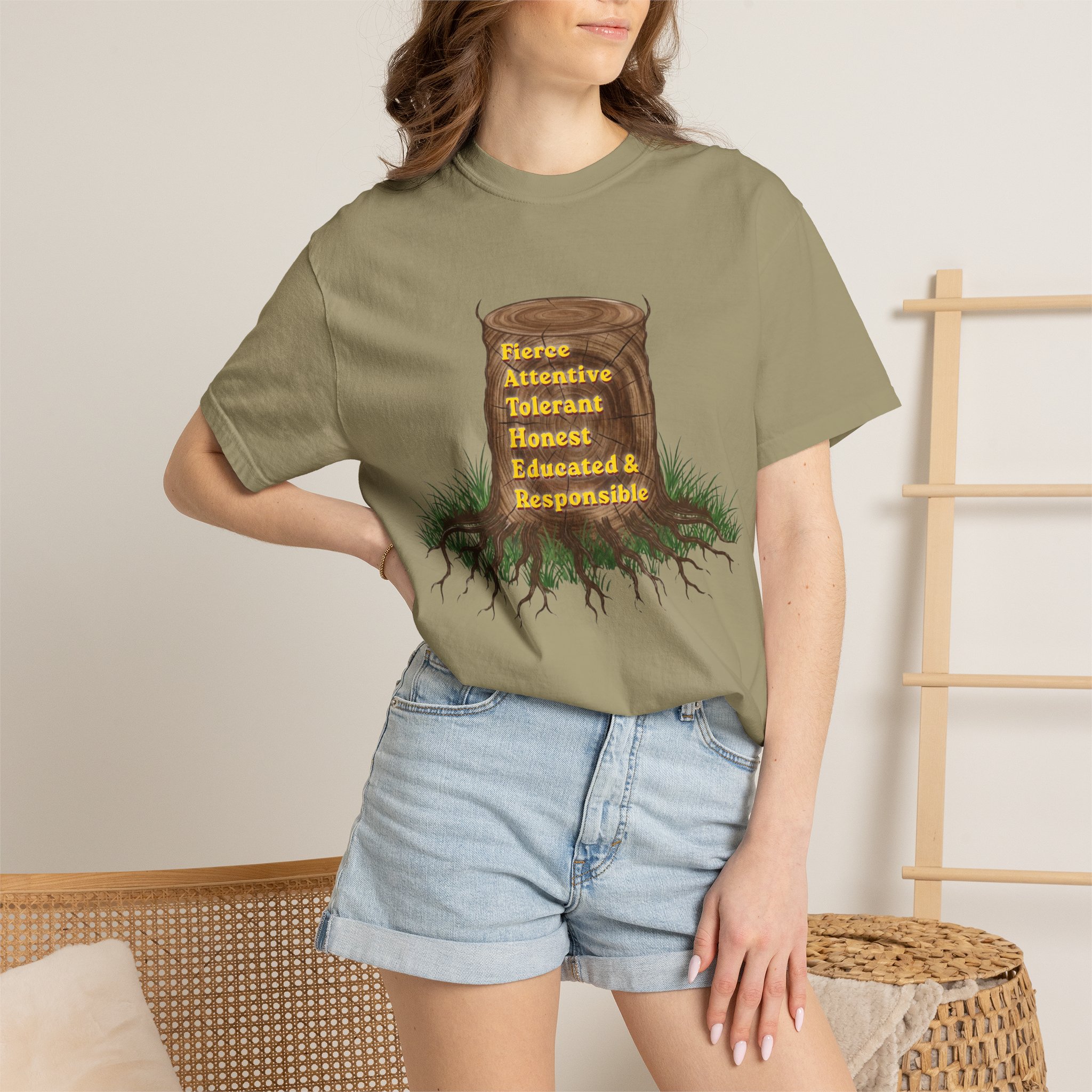 tree stump traits t shirt — fierce, attentive, tolerant, honest, educated & responsible tree stump traits t shirt — fierce, attentive, tolerant, honest, educated & responsible