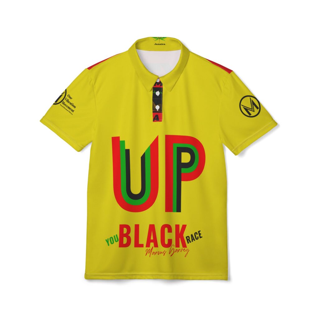 up black pride polo shirt afrocentric yellow polo with 'up' & 'black' graphic