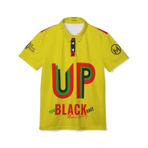 up black pride polo shirt afrocentric yellow polo with 'up' & 'black' graphic