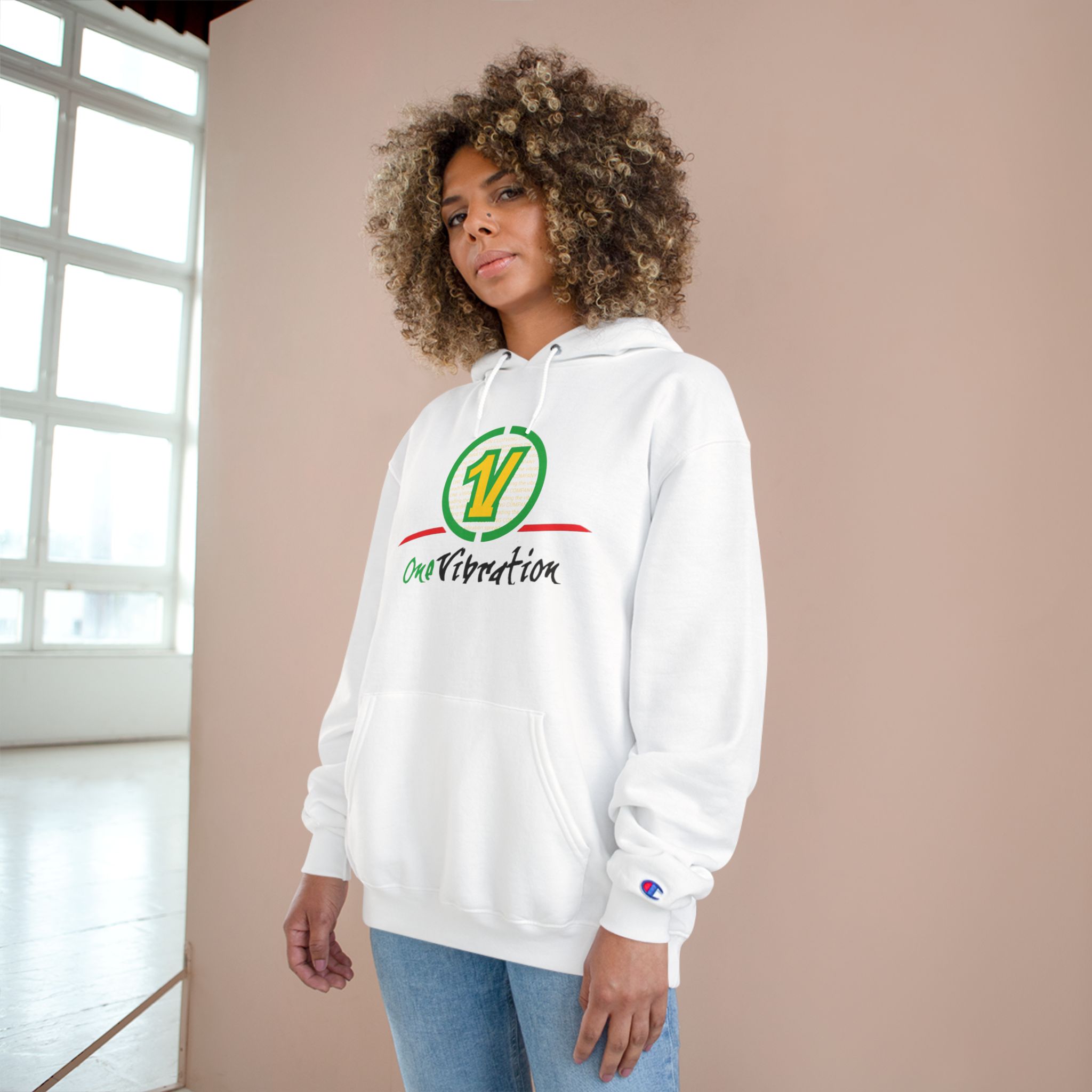 champion hoodie — "one vibration guyana" logo pullover champion hoodie — "one vibration guyana" logo pullover