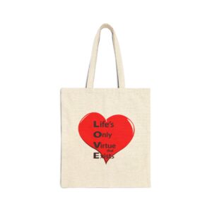 Home canvas tote bag — red heart "life's only virtue that exists" eco shopping bag