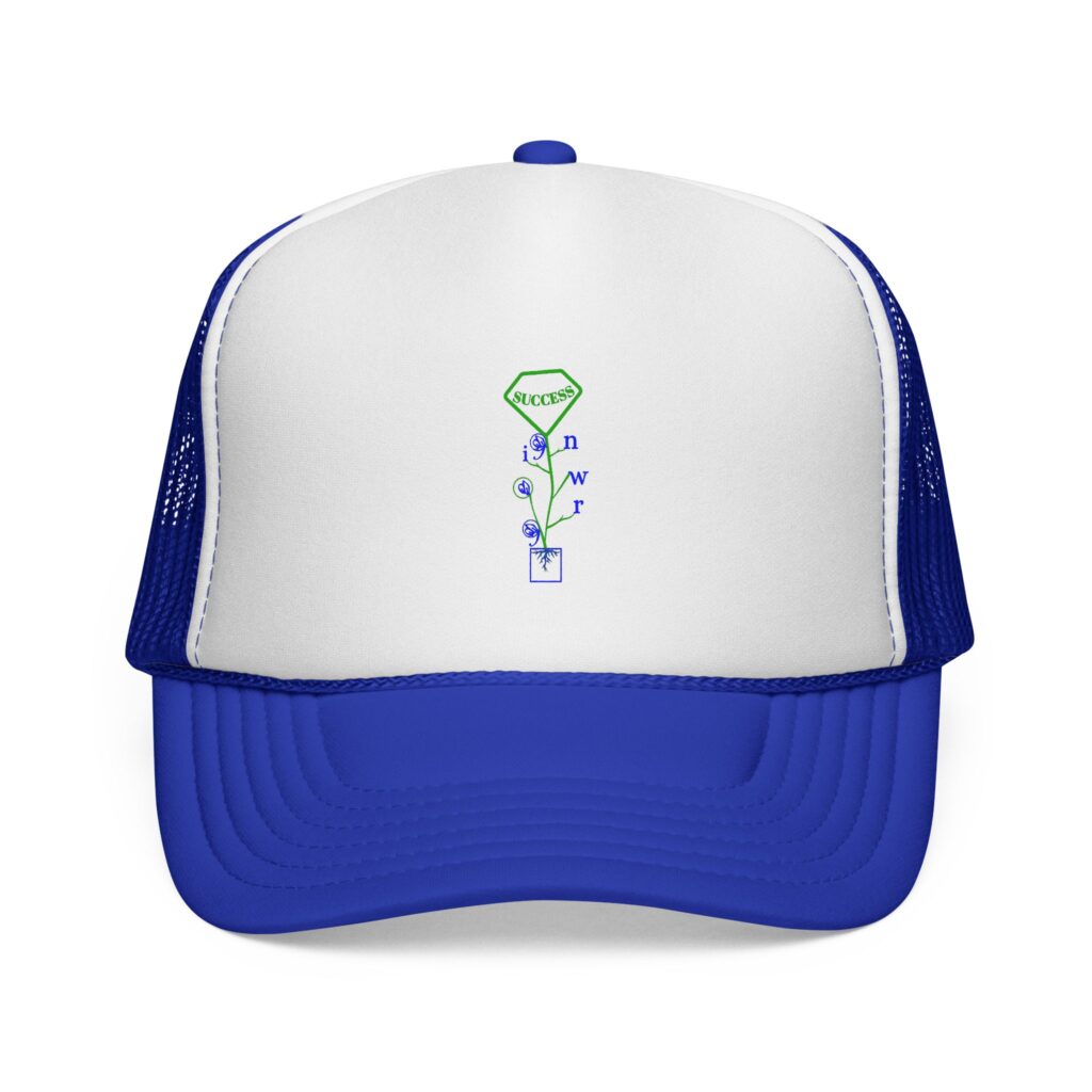 trucker cap — minimal blue & green kokedama plant graphic