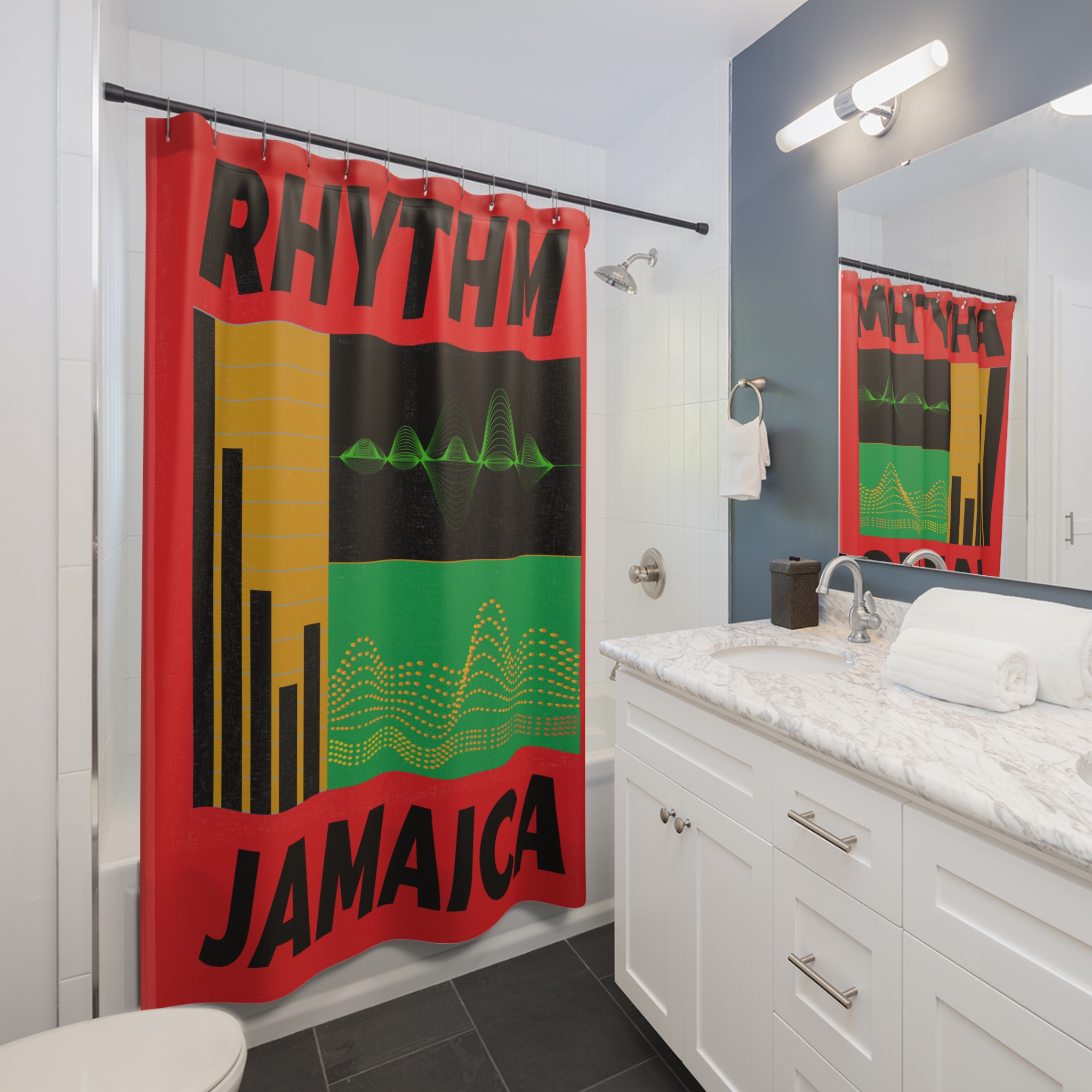 rhythm jamaica shower curtain — reggae wave music bathroom decor rhythm jamaica shower curtain — reggae wave music bathroom decor